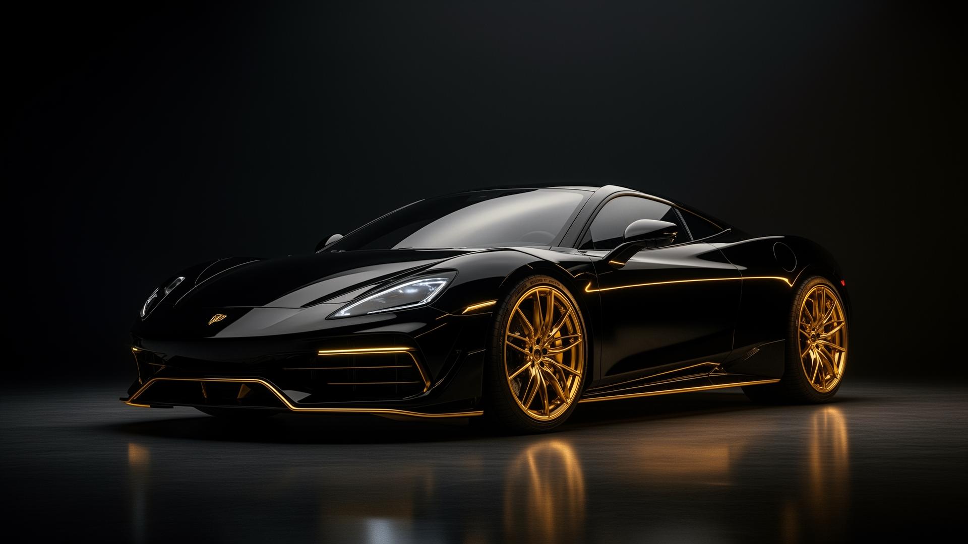 Luxury black coupe with gold accents in a studio